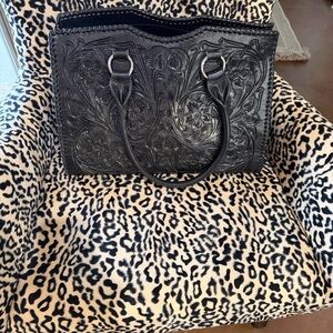 Black hand tooled Leather Tote Bag